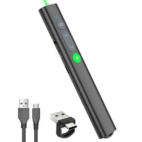Rechargeable Presentation Clicker for PowerPoint, USB-C/A Green Laser Pointer Wireless Presenter Remote, Projector Smart Board Slideshow PPT Google Slide Advancer for Mac/Laptop/Computer/Office