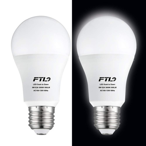 FTL Dusk to Dawn Light Bulb Outdoor/Indoor Photocell Light Sensor Bulbs, 5000K Daylight White, Automatic On/Off, A19 9W(60Watt Equivalent) 850LM E26 Porch Light Bulb for Garden, Garage, Yard, 2 Pack