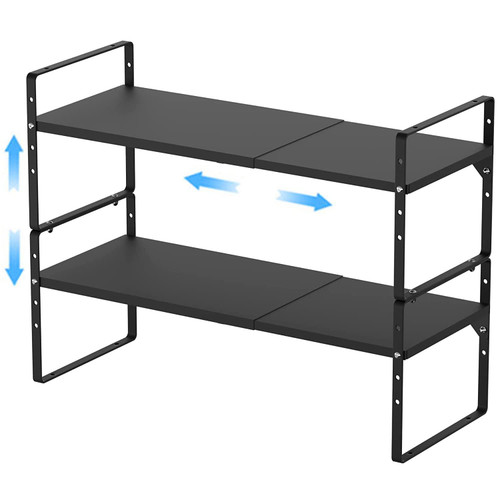 GEDLIRE Expandable Kitchen Cabinet Shelf Organizers 2 Pack, Stackable Metal Pantry Storage Shelves Rack, Adjustable Counter Shelf for Cabinets, Countertop, Cupboard Organizers and Storage, Black