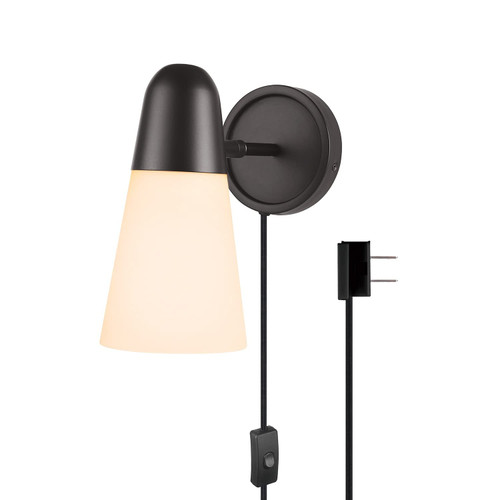 Globe Electric 51707 1-Light Plug-in or Hardwire Wall Sconce, Dark Bronze, Frosted Glass Shade, Title 20 LED Bulb Included, Wall Lighting, Wall Lights for Bedroom, Kitchen Sconces Wall Lighting