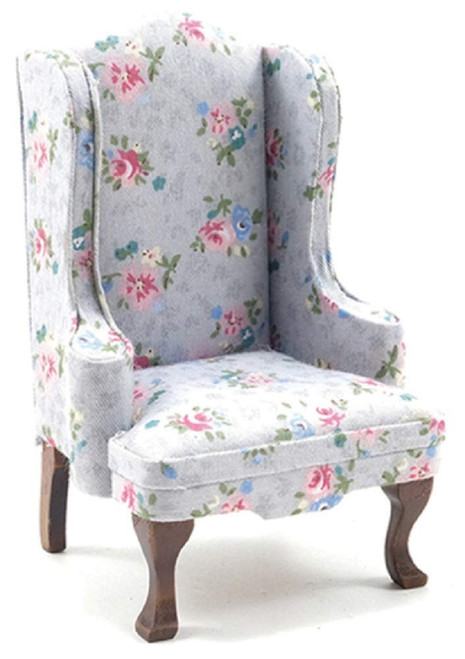 Melody Jane Dollhouse Grey Floral Wing Armchair 1:12 Gray Walnut Living Room Furniture