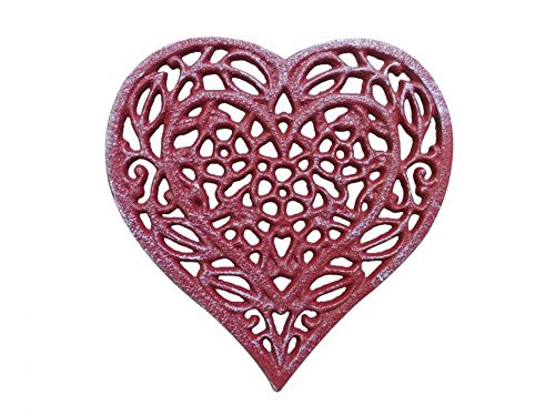 Rustic Red Whitewashed Cast Iron Heart Shaped Trivet 7" - Decorative Trivet -