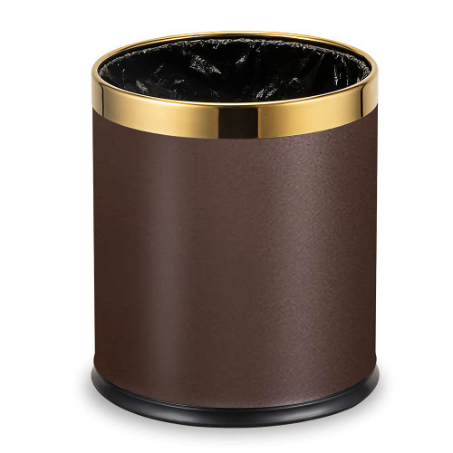 BRIEFHUMAN Stainless Steel Garbage Can?Small Office Gold Trash Can, Black and Gold Garbage bin,Detach-A-Ring' Metal for Powder Room, Bathroom, Home,Office? Modern Home (Brown)