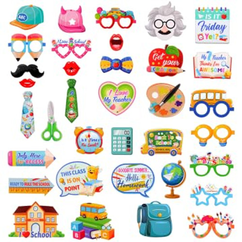 Qpout 35pcs Novelty Back to School Photo Booth Props for Kids,First Day of School Party Supplies Kit,School Bus Photo Prop,Welcome Back to School Decorations for Kindergarten New Grade Students