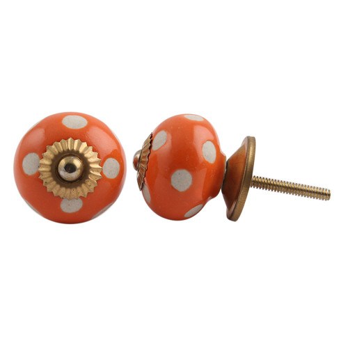 Indian Shelf 2 Pieces Dresser Pull Knobs | Polka Dot Etched Furniture Pulls for Dresser | Orange Unique Knobs | Ceramic Cute Cabinet Knobs | Western Drawer Knobs | Kids Dresser Knobs