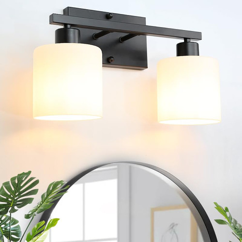 2 Light Bathroom Vanity Light Fixtures, Anti-Rust Matte Black Vanity Wall Scones Lighting for Bedroom Living Room, Modern Vanity Lights with Milky White Glass Shades, E26 Socket, Bulbs Not Included