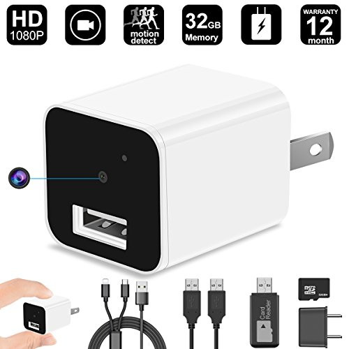 Spy Camera Charger - Hidden Camera 32GB- Motion Detection 1080P - USB Hidden Camera - Surveillance Camera - Mini spy Camera - USB Camera - Camera Charger - Security Camera - Nanny Cam White