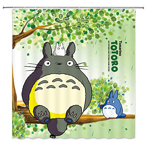 AMNYSF Cartoon Shower Curtain Cute Totoro Sitting On Green Trees Decor Fabric Bathroom Curtains,70x70 Inch Waterproof Polyester with Hooks
