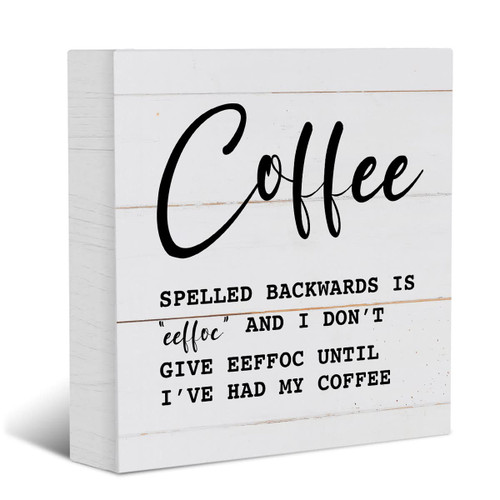 Coffee Sign, Rustic Wooden Box Sign, Farmhouse Home Decor,Wood Block Plaque Desk Decor, Shelf Table Office Decoration for Living Room Coffee Bar Kitchen Dining Room, Coffee Spelled Backwards