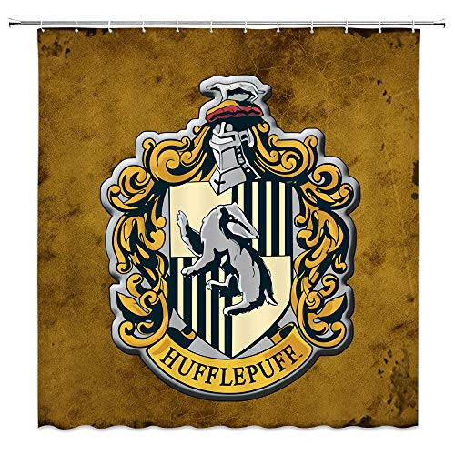 Hufflepuff College Badge Harry Potter Hogwarts Magic School Vintage Yellow Background Decor Shower Curtain,70x70 Inches Waterproof Polyester Fabric Bathroom Accessories Curtains With 12pcs Hooks