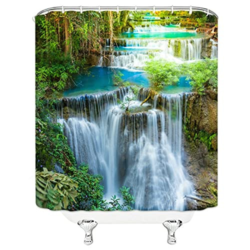 dodouna Waterfall Landscape Shower Curtain Forest Mountain Tree Blue Sky Sunlight Beautiful Spring Scenery Bathroom Decor Curtains Set 71x71 inch