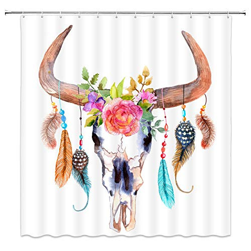 AMNYSF Feather Shower Curtain Watercolor Bull Skull with Feathers Flowers Decor White Fabric Bathroom Curtains,70x70 Inch Waterproof Polyester with Hooks