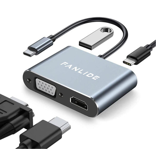 USB C to VGA HDMI Adapter, FANLIDE Type C Multiport Adapter with 4K@30Hz HDMI Port,1080P VGA Port,USB 3.0 Port and 87W PD Port, 4-in-1 USB-C Hub for MacBook Pro/Chromebook/ipad Pro/Dell XPS/Galaxy
