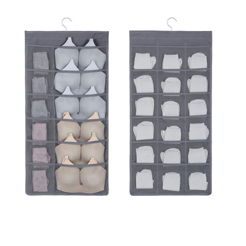 LSHDXD Closet Hanging Bra Organizer with Rotating Metal Hanger?Dual Sided Mesh Pockets Storage Bag?Hanging Wall Shelf Wardrobe Organizer for Bra Underwear Underpants Socks (12+18 Pockets)