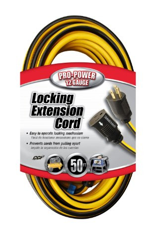 Coleman Cable 02538 12/3 Push-Lock SJTW Locking Extension Cord, Yellow/Black, 50-Feet