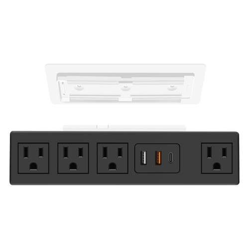 JUNNUJ 20W USB C Under Desk Power Strip, Under Mount Surge Protector with 4 Outlet Desktop, Adhesive Wall Mount Strip Socket Table Multi-Outlets with 3 USB Ports, 6FT Cable with Flat Plug - Black