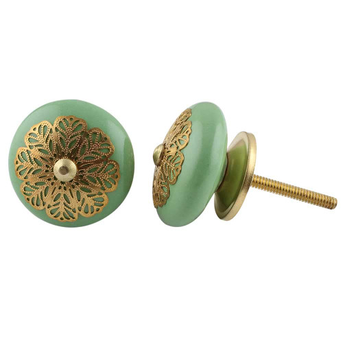 Indian Shelf 2 Pieces Drawer Hardware Knobs | Strewn Flat Dresser Knob | Vintage Drawer Pulls and Knobs Green | Cabinet Door Pull Ceramic | Cupboard Door Knobs | Farmhouse Kitchen Knobs for Cabinets