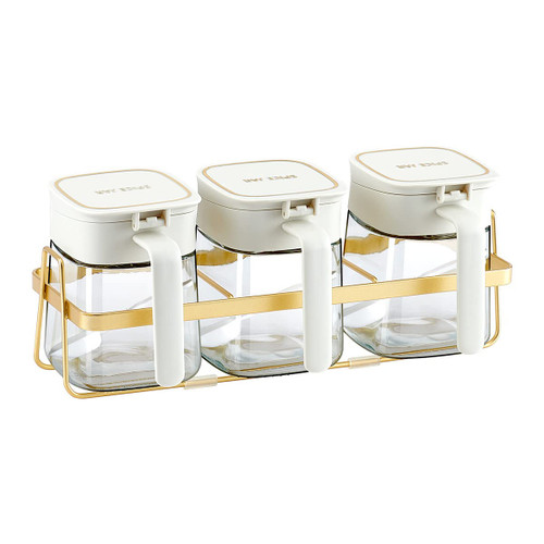 Condiment Jar Spice Container with Lids & Spoons,Clear Glass Condiment Canisters Pots Seasoning Box Salt Container Sugar Bowl Set of 3 for Kitchen, Counter, Food Storage