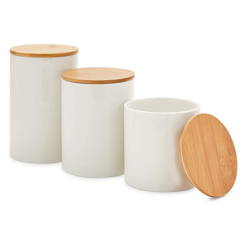 Set of 3 White Ceramic Kitchen Canisters with Wooden Bamboo Lids (3 Sizes)