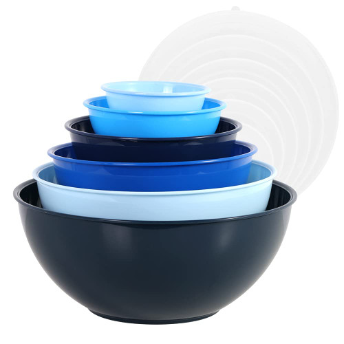 BoxedHome BPA Free Plastic Round Mixing Bowl with Lids, 12 Pack Nesting Bowls with Lids Set, Microwave and Dishwasher Safe Prep & Serving Bowls Great for Mixing, Baking, Serving (Blue, 12pcs)