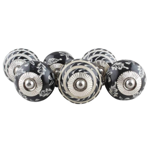 Indian Shelf Pack of 6 Black and White Dresser Knobs- Ceramic Drawer Knobs- Round Kitchen Cabinet Knobs- Floral Drawer Pulls- Cabinet Knobs- Modern Knobs- Vintage Knobs for Cabinets