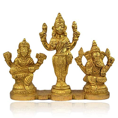 Geode Presents Brass Laxmi Ganesh Saraswati Idol/God Murti/Brass Goddess Laxmi Saraswati Ganesha Statue Success Good Luck Statues (Size 2 Inch Approx) #Aport-533