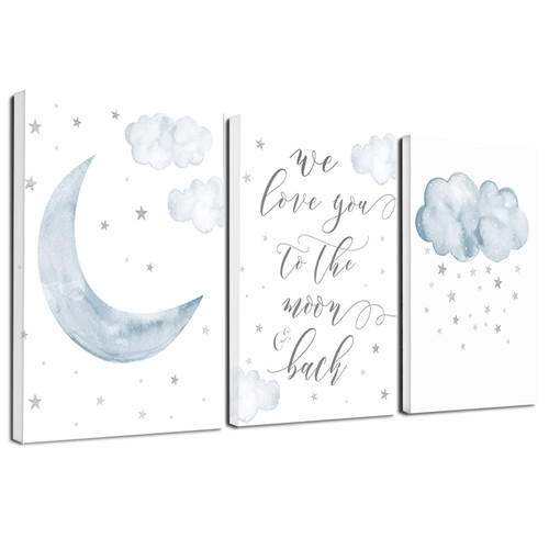 Nicjoy Cute Kids Poster Blue Moon Clouds Wall Art Canvas Nursery Print Nordic Kids Bedroom Decor Painting Baby Room Pictures 3Psc/set (16x24inchx3(40x60cmx3),No Frame)
