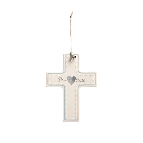 DEMDACO Bless This Child Blue 7.5 x 5.5 Inch Ceramic Stoneware Hanging Wall Cross