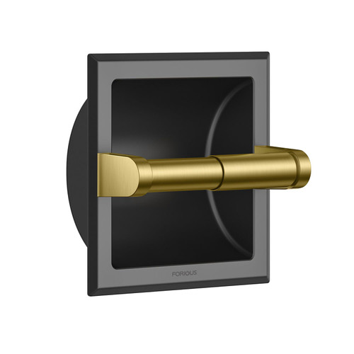 FORIOUS Insert Black and Gold Toilet Paper Holder Wall Mount, in Wall Toilet Paper Holder 304 Stainless Steel, Bathroom Recessed Toilet Paper Holder Black, Square Toilet Paper Roll Holder Gold