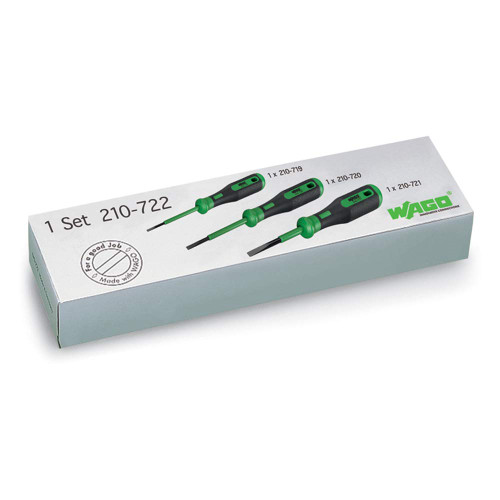 210-722 | WAGO Operating Tool Set | Tool One: 2.5 x 0.4 mm Blade, Tool Two: 3.5 x 0.5 mm Blade, Tool Three: 5.5 x 0.8 mm Blade | Features Partially Insulated Shaft | [Set of Three]
