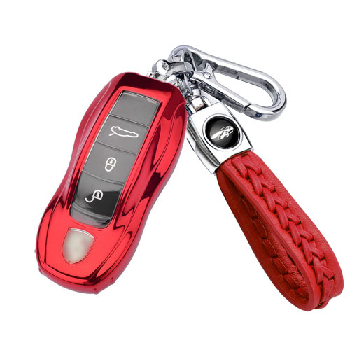 SANRILY Full Protector for Porsche Key Cover Plating Key Fob Case Shell with Keychain Keyless for Porsche 911 Macan Cayenne Panamera,718 Cayman/Boxster Car Keys-Red
