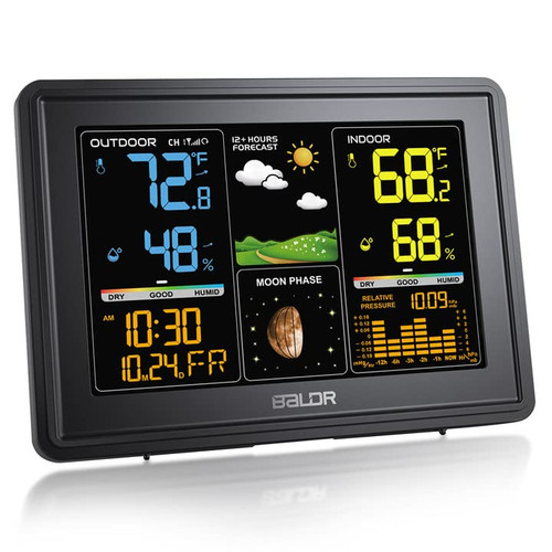 BALDR Weather Station Indoor Outdoor Thermometer Digital Color LCD Moon Phase Barometric Pressure Temperature Humidity Monitor(Black)