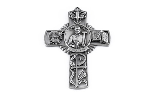 Pewter Catholic Saint St Justin Pray for Us Wall Cross, 5 Inch