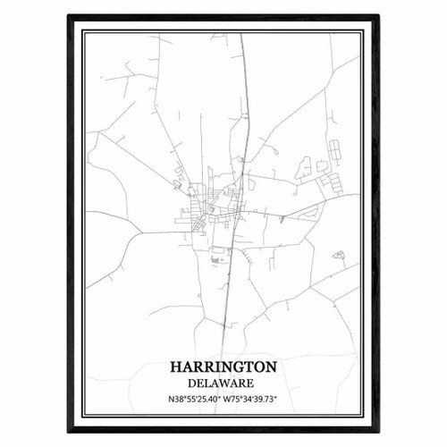 TANOKCRS Harrington Delaware USA America Map Wall Art Canvas Print Poster Artwork Unframed Modern Black and White Map Souvenir Gift Home Decor 20x30 Inches