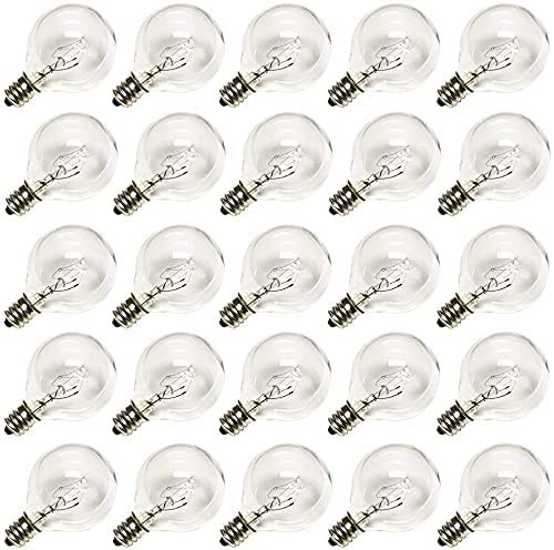 50 Pack G40 Light Bulbs Replacement, 120V 5W Clear Globe G40 Outdoor String Light Bulbs Replacement, C7 or E12 Candelabra Base Wax Warmer Light Bulbs, 2200K Warm White Vintage Incandescent Bulbs