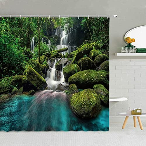 dodouna Forest Natural Scenery Shower Curtain Waterfall Lake Flower Sunny Spring Landscape Bath Decor Hooks Curtains Waterproof Cloth 71x71 inch