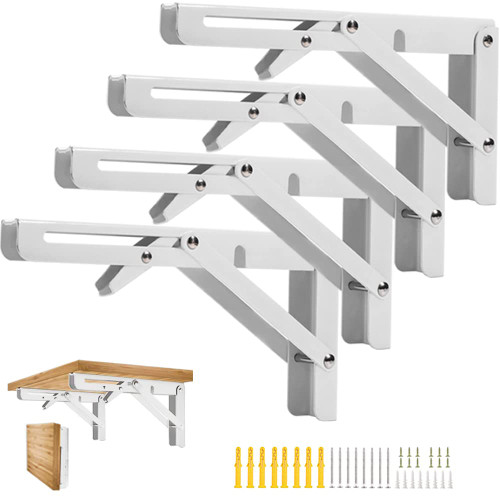 Folding Shelf Brackets, Folding Shelf Brackets Heavy Duty Stainless Steel Max. Load 550lb Collapsible DIY Wall Mounted Shelf Bracket Space Saving for Table, Work Bench (12inch - 4pcs, White)