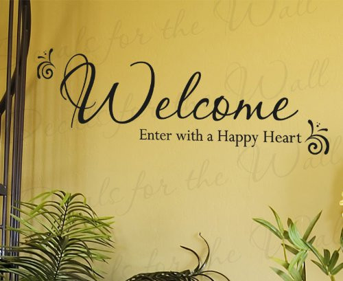 Welcome Enter with a Happy - Entryway Home Entry - Decorative Vinyl Sticker Graphic Art, Wall Decal Quote, Lettering Decor, Saying Decoration Welcome Enter with a Happy - Entryway Home Entry - Decorative Vinyl Sticker Graphic Art, Wall Decal Quote, Lettering Decor, Saying Decoration