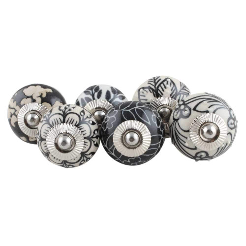 IndianShelf Pack of 6 White and Black Dresser Knobs- Ceramic Drawer Knobs- Round Kitchen Cabinet Knobs- Floral Drawer Pulls- Cabinet Knobs- Unique Knobs for Cabinets and Drawers- Drawer Hardware Knobs