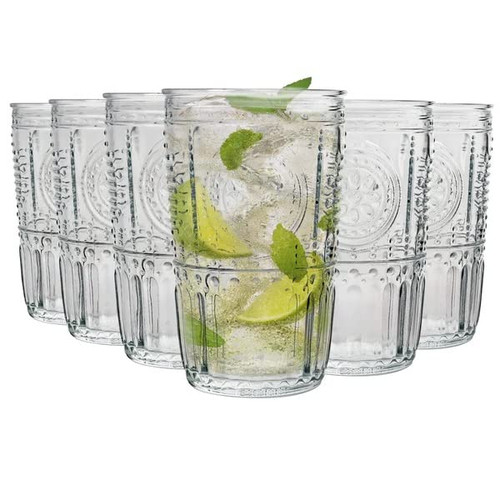 Bormioli Rocco Romantic Set Of 6 Cooler Glasses, 16 Oz. Clear Crystal Glass, Made In Italy.