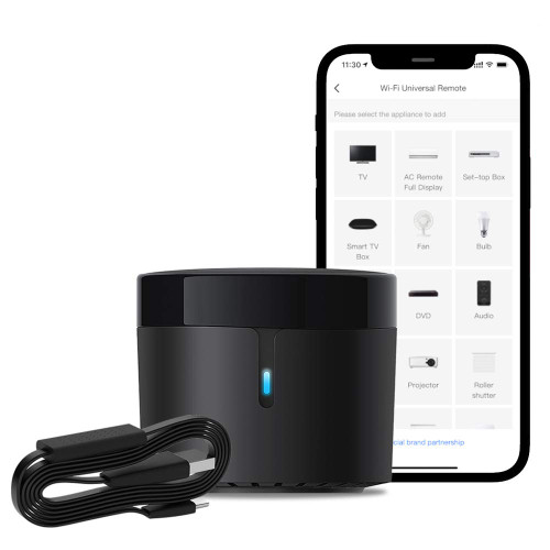 BroadLink RM4 Mini Smart Remote and Sensor Cable Set RM4 Mini S, Universal IR Remote Control Hub with Temperature Humidity Monitor USB Cable, Works with Alexa, Google Home, IFTTT