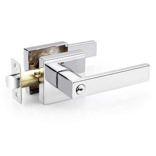 EHOMEWARE 1 Pack Bedroom Door Knobs with Lock and Key, Keyed Alike Chrome Door Handles for Interior/Exterior Doors, Modern Entry Door Lever Handle Lock in Polished Chrome Finish