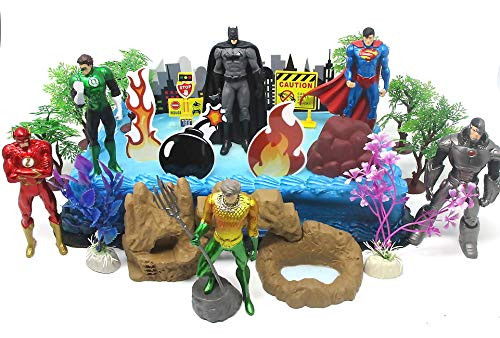Justice League Super Hero Themed Birthday Cake Topper Set Featuring Justice League Characters and Decorative Accessories