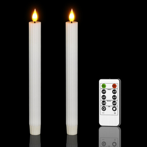Ymenow Real Wax LED Taper Candles with Remote Timer, 2pcs Battery Operated Flameless Flickering Window Candles 9.6 Inches White Dripless Candlesticks for Home Xmas Fireplace Wedding Decoration