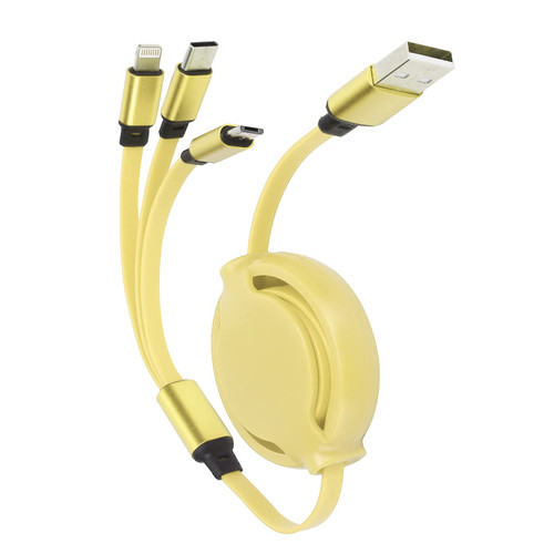 3 in 1 Multi Retractable Fast Charger Cable, 3A USB Charging Cord Adapter with for IOS/Type-C/Micro-USB Port Connectors Compatible with Cell Phones Tablets, Roller Structure Design(3.3ft/Yellow)