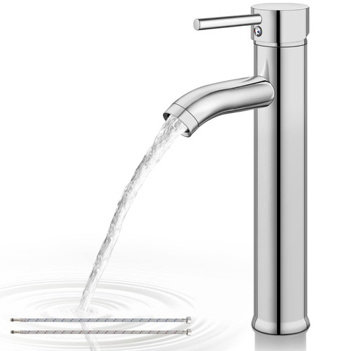 Airuida Vessel Sink Faucet Chrome Polish Single Hole Bathroom Sink Faucet Tall Single Handle Bathroom Deck Mount Mixer Tap One-Hole Bowl Vanity Barrel Sink Faucet with Circular Spout and Supply Hoses