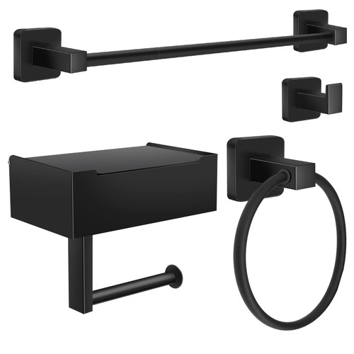 Bathroom Hardware Set 4 Pieces Matte Black, Towel Bar Set Stainless Steel, Includes 24In Towel Bar, Towel Ring, Robe Towel Hooks,Toilet Paper Holder with Shelf, Bathroom Towel Rack Set