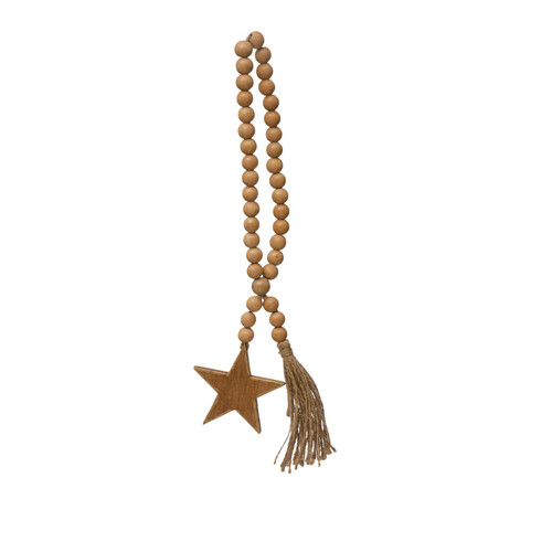 Creative Co-Op Wood Beads with Star Icon and Jute Tassel, Natural