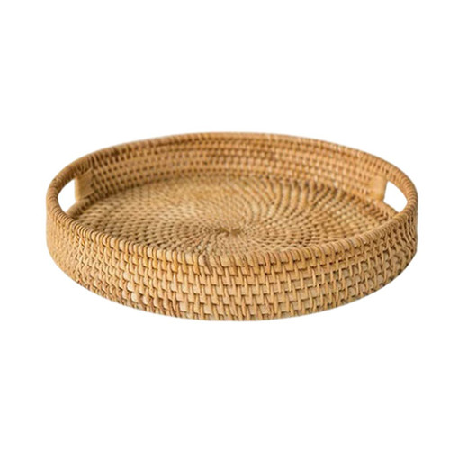 Fenteer Round Rattan Woven Serving Tray Decorative Display Tray Storage Platters with Handle Table Desktop Organiser Tray for Coffee,Drink,Breakfast,Tea - 32x5cm