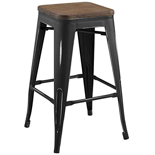 Modway AMZ-2820-BLK Promenade Modern Aluminum Backless Counter Bar Stool with Bamboo Seat Black (Renewed)